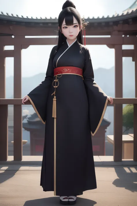 1girl,full body,extremely detailed  face, beautiful detailed eyes,light on face,cinematic lighting,looking at viewer,outdoors,Black hair,(balck Chinese architecture:0.05),hanfu, naked