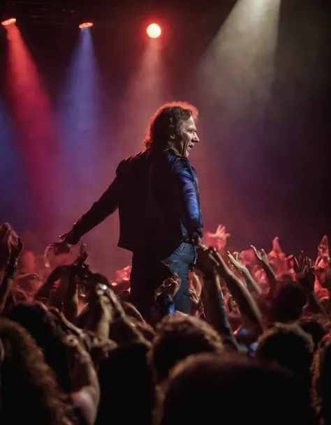 Photography depicting the vibrant energy of a rock concert. The image captures a charismatic lead singer, passionately belting out lyrics while lost in the music. The stage is ablaze with colorful lights, adding a dynamic atmosphere to the performance. The...