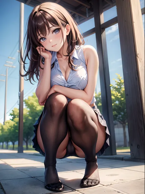 I am a girl in a high school uniform。mid hair，brunette color hair，Positive perspective，looking toward the viewer，face to the viewer，Full body photo,perfect hand，perfect body figure，with perfect legs，perfect foot，Black pantyhose，transparent pubic hair，leg w...