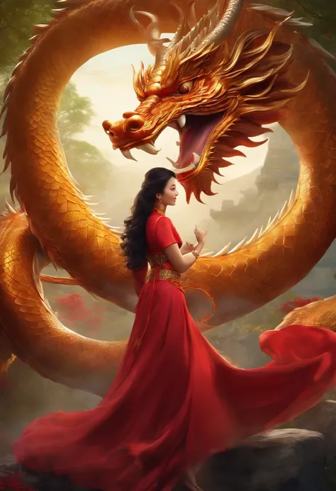 1girl, master part, best quality, Making friends with the Chinese dragon, fun, Feliz, brilhante, Loong,