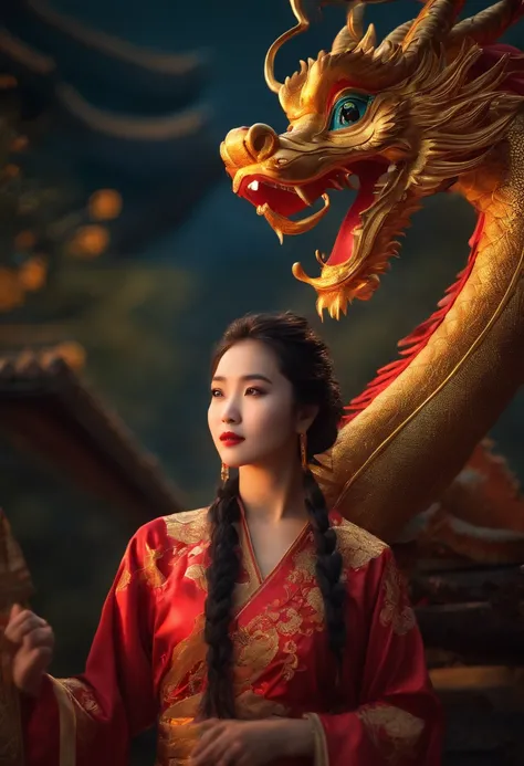 1girl, master part, best quality, Making friends with the Chinese dragon, fun, Feliz, brilhante, Loong,