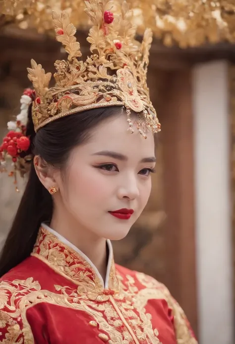 A woman in a red and gold dress，sface focus，（Peking Opera Half Noodles：1.2），（tmasterpiece，top-quality，best qualityer，offcial art，Beauty and aesthetics：1.2），up front view，facing to audience，（full bodyesbian：1.1），Phoenix crown。