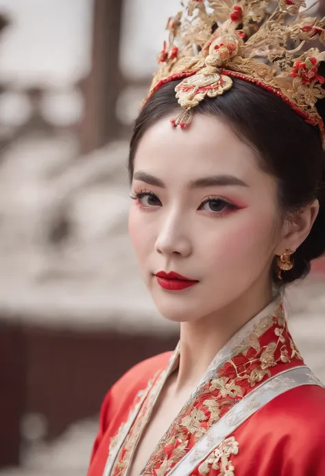 A woman in a red and gold dress，sface focus，（Peking Opera Half Noodles：1.2），（tmasterpiece，top-quality，best qualityer，offcial art，Beauty and aesthetics：1.2），up front view，facing to audience，（full bodyesbian：1.1），Phoenix crown。