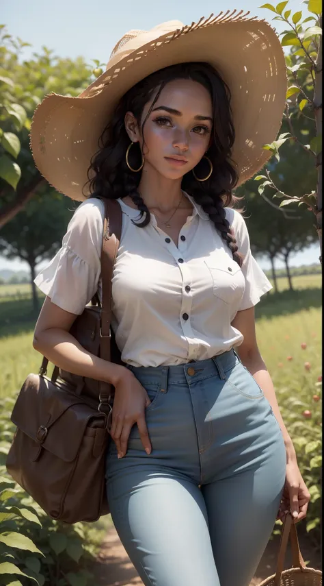 Uma mulher afro descendente negra de cabelos muito longos, castanho claro, is wearing cowboy clothes while working in the field of a farm. She is picking apples with her skilled hands and looks directly at the viewer with a charming look, overflowing with ...