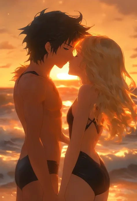 2 girls beautiful 13 years slim, long blonde hair and a black hair small swimsuit, Meer wellen Strand  Sommer  Sonnen untergang, kissing and holding hands, UHD, masterpiece, anatomically correct, high details, highres, best quality, super detail, 8k