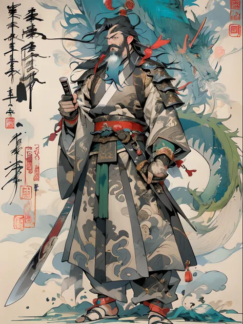 (((China-style，Ink painting method，Half-length portrait，Intense color，Han dynasty, China，Hanfu，Armor，Guan yu，Guan Yunchang，of a guy，Ruddy killing square face，Hold the Blue Dragon Moon Knife in his right hand，Stroke your beard with your left hand，Long hair，...