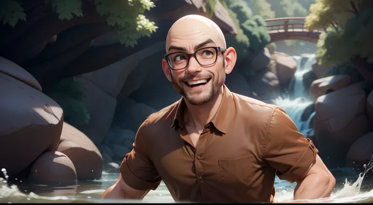 bald man wearing glasses, brown shirt, entering and playing in the river, Happy expression, pixar disney cartoon style