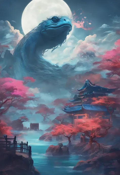 China-style，Chinese mythology，Xuanwu，faucet，Turtle body，Snake tail，has horns on its head，tosen，Ferocious，gargantuan，The eyes glow blue light，the sea，Huge waves，surrounded by cloud，中景 the scene is，Full body like， highly detailed surreal vfx，oc rendered， - A...