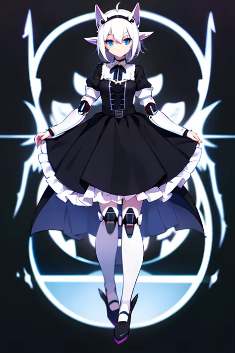 Robot Queen(short white hair,Robot Ear,Robot legs),bride,White shirt,With school uniform,With a Gothic Lolita bib.,Black Stockings,Saw the legs.,full body image,RAW photo, Black background