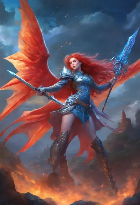 2 girls in armor with long sword, Blue and red hair fight against devils with, Dragon-like wings hinder clouds and forest, UHD, masterpiece, anatomically correct, high details, super detail, textured skin, best quality, 8k