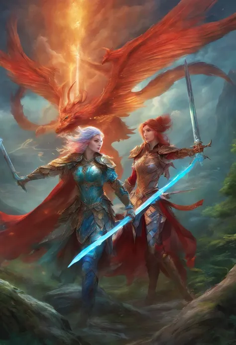 2 girls in armor with long sword, Blue and red hair fight against devils with, Dragon-like wings hinder clouds and forest, UHD, masterpiece, anatomically correct, high details, super detail, textured skin, best quality, 8k