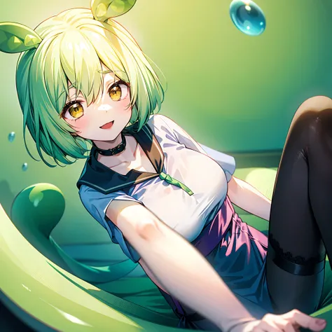 a beauty girl，Yellow-green hair，bobhair、short-hair、Gentle drooping eyes，large full breasts、校服，Manga style，fulcolor，hi-school girl，Calm and gentle face，Big smile、innocent smiles、Little girl