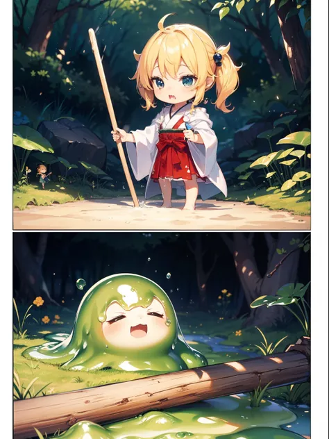 (3 Chibi SD girls wearing fooded robes with delicate accessories), (chibi, trio:1.2), they are fighting cute slimes bravely with wood sticks, ((hitting the slime with a wood stick:1.2)), (super high resolution, 8K RAW photo, photo realistics, thin outline)...