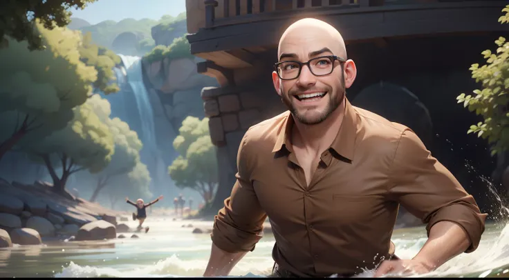 bald man wearing glasses, brown shirt, entering and playing in the river, Happy expression, pixar disney cartoon style