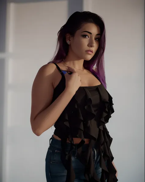 araffed woman with purple hair and a black top, black top, shot on canon eos r5, shot on canon eos r 5, modeling shoot, sexy look, taken with a canon eos 5d, taken with a canon eos 5 d, she is wearing a black tank top, wearing a designer top, taken with ca...