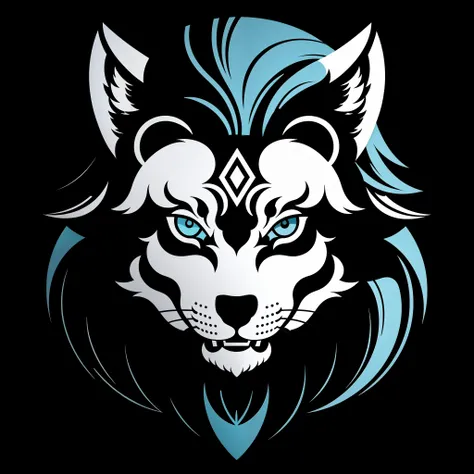 A detailed illustration face wolf,Magic, Desportivo, ((azul brilhante)), Uivando, logotipo em forma de escudo, #47DEFF hexadecimal, segunda cor azul escuro,  logotipo do futebol, Escuro, gotic, design de camisetas, no estilo do Studio Ghibli, cores tetradi...