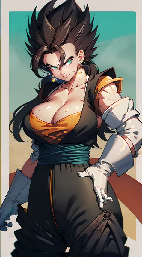 vegetto, 1 sexy girl, spiked hair, potara, white gloves, big tits, big ass, tight suit, victory pose, thin hips, looking at viewer, front view., vegetto, spiked hair, potara, white gloves(( big breasts) ((beach)) ((black hair)) (((detail fingers)) ((pants)...