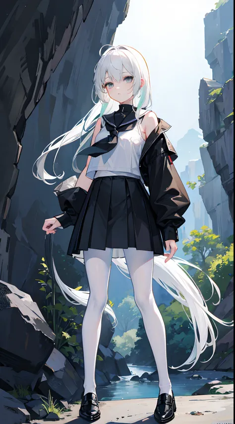 Horsetail on one shoulder side，white color hair，White eyes，F-cup，teens girl，Black school uniform，Black silk pantyhose，Black leather shoes，standing on the rock