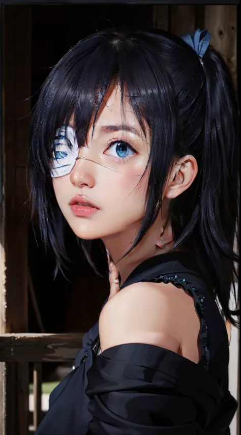 high res, masterpiece,Rikka Takanashi, black hair, solo, 1girl,outside,deatailed background, detailed eyes, ((blue eyes)), eyepatch