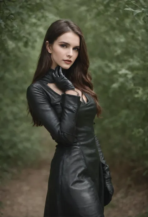 long gloves in black leather　black leather dress　Black leather choker　Long black leather boots　Young woman with long hair