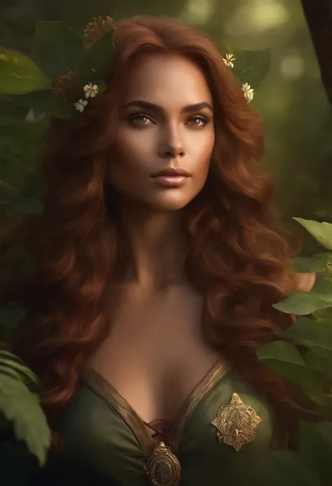 dark skin, detailed beautiful young woman, reddish golden brown hair, long, wavy and messy hair, detaiiled perfect green eyes, delicate symmetric realistic and beautiful face, (magic forest backgroung),  ranger outfit leather armored, fairy, wild flowers b...