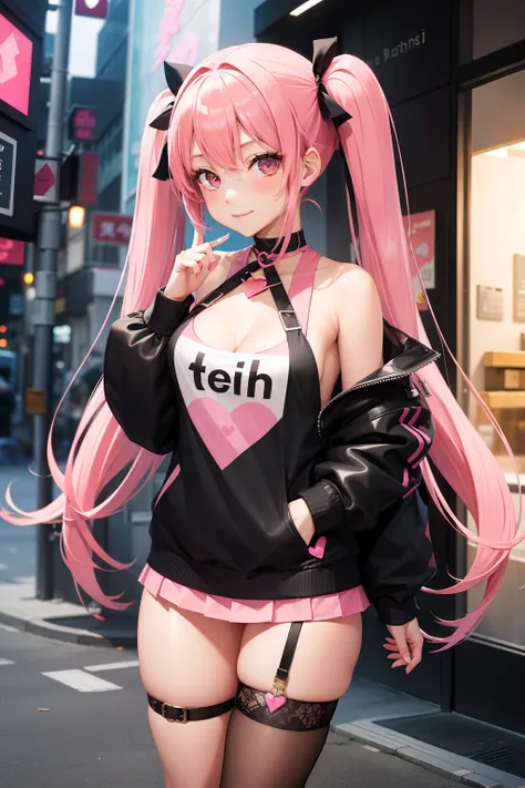 full body Esbian, masutepiece: 1.2, Highest Quality), (Live-action, elaborate details), (1 Lady, Solo, Upper body,) Clothing: Edgy, Black long jumper, pink miniskirt, long hair with pink twin tails,,,,,,,、Avant-garde, Experimental appearance: Long pink twi...