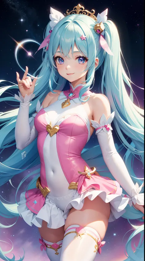 Super Idol　a beauty girl　A charming smile　sky blue hair　length hair　Twin-tailed　Bright pink and white sheer leotard outfit　Mystical　Fantasia　constellation　a moon　Crystal Brilliance　Aurora Borealis in the Night Sky