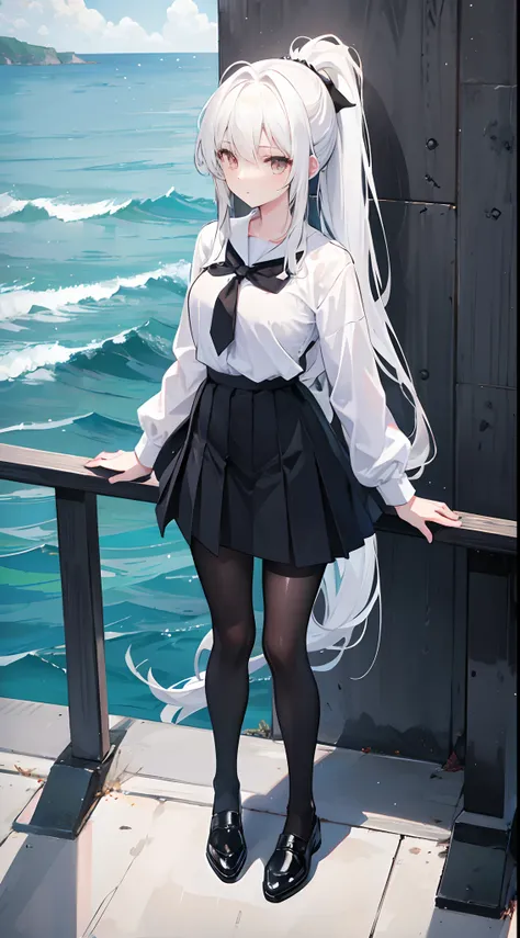 A ponytail hangs down the chest，White color hair，17-year-old girl，Black pantyhose，White eyes，F-cup，teens girl，Black school uniform，Black leather shoes，standing on the sea side