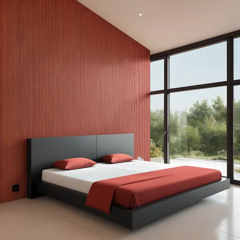 RAW photo, a bedroom for a house modern and luxurious, in the style of Mondrian minimalist art inspires color scheme, exquisite craftsmanship, buckminster fuller, modular, warm tones, Shadows, volumetric light, warm light, point light, target light art sta...