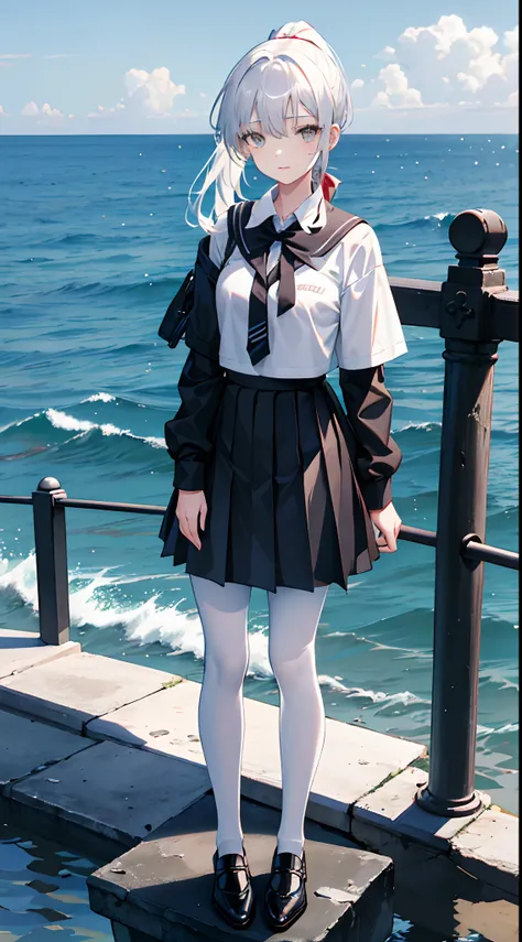 A ponytail hangs down the chest，White color hair，17-year-old girl，Black pantyhose，White eyes，F-cup，teens girl，Black school uniform，Black leather shoes，standing on the sea side