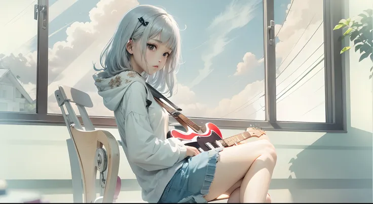 Playing the guitar、Medium Hair、female pervert、Silver hair color、Sitting on a chair