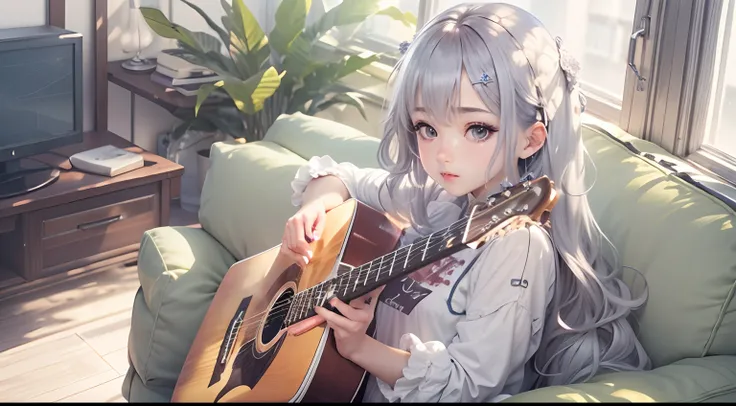 Playing the guitar、Medium hair、girl with、Silver hair color、Playing while sitting in a chair、