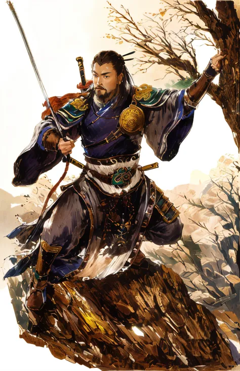 draw one standing on the edge of a cliff，a warrior of the song dynasty climbing with a rope, carrying a sword chinese warrior, e...