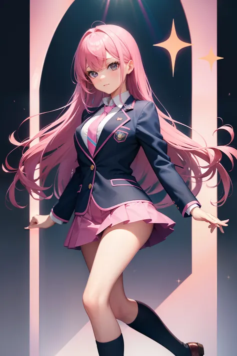 High School Girl, Dark blue blazer, Pink super mini skirt, Pink tie, knee high socks, Long pink hair, Solo, academy、rainbows、brilliance、full body Esbian, Looking at Viewer, Front view,