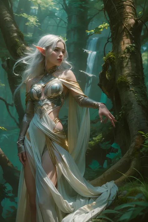 female elf, looking at viewer, flowing cloths and silver amor, the silent forested, mysterious, fantasy art, Donato Giancola, craig mullins, parth, masterful strokes legendary