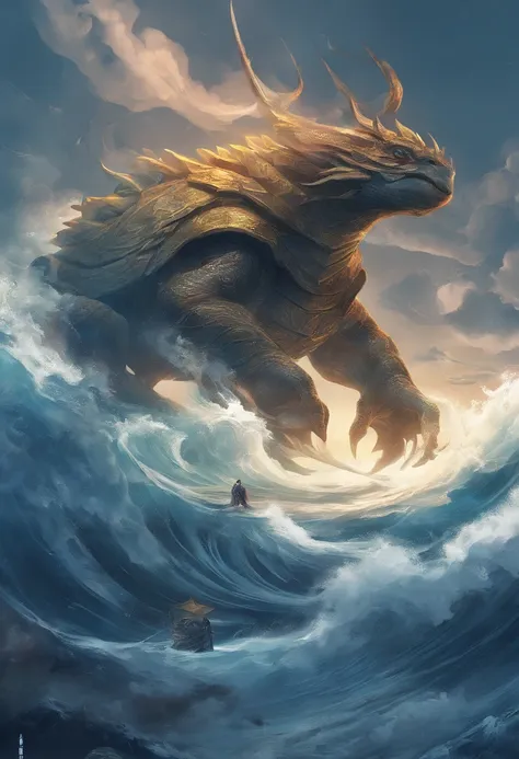 China-style，Chinese mythology，Xuanwu，faucet，Turtle body，Heavy tortoiseshell shell，Snake tail，has horns on its head，tosen，Ferocious，gargantuan，The eyes glow blue light，the sea，Huge waves，surrounded by cloud，中景 the scene is，Full body like， highly detailed su...