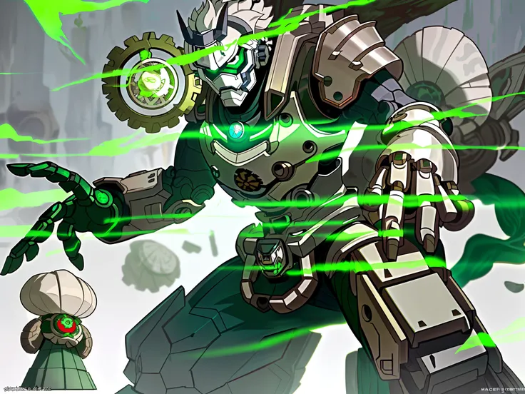 Giant robots,The upper part of the body,unicorn,(Head reference Genji in Overwatch：1.3),(The design references the tribal totem style:1.3),(There are gears in the body,Skillfully displayed inside the shattered armor:1.3),(//The head camera is designed in a...