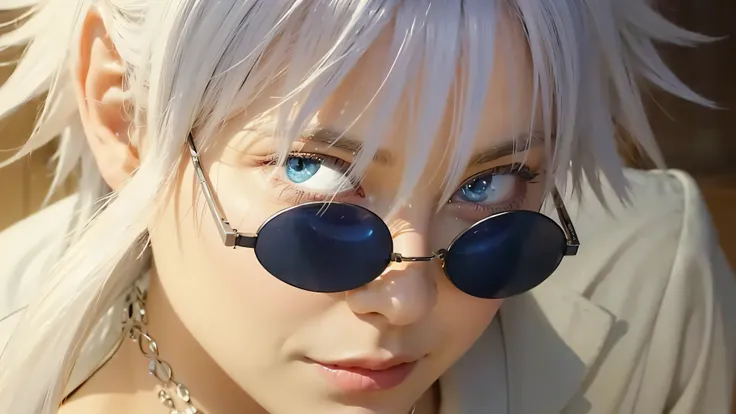 man with sunglasses, white hair, casual outfit, close-up view, detailed blue eyes, cheeky expression