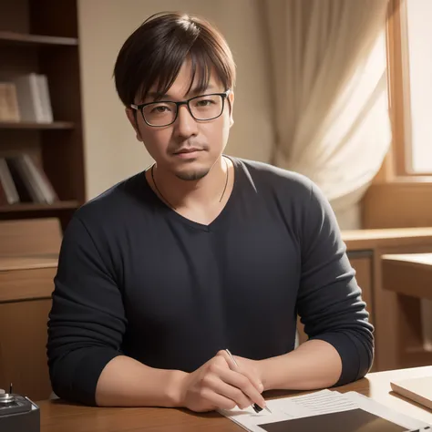 1人，A 40-year-old man，chineseidol，Dressed in casual attire，wears glasses，The upper part of the body，frontage，Sit at your desk，gentlesoftlighting，tmasterpiece，best qualtiy，8K  UHD，digital SLR camera，filmgrain，Midjourney and greg rutkowskis Fujifilm XT3 reali...