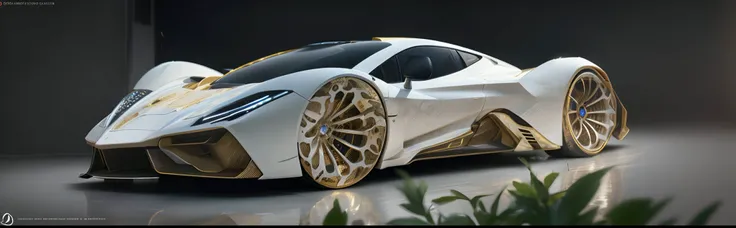 Photo realistic future supercar design by Leonardo DaVinci, Masterpiece, low styling with starry headlights in white and gold patterns with lilies, extreme long shot side view portrait, 16k resolution concept art portrait by Leonardo DaVinci, intricate det...