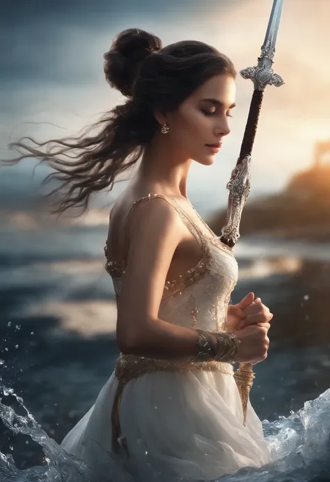 best quality,masterpiece,highres,cg,
1girl,weapon,sword,long hair,dress,water,solo,jewelry,white dress,earrings,hair ornament,splashing,upper body,hair bun,black hair,
lighting,candid,Photograph,high resolution,4k,8k,Bokeh,