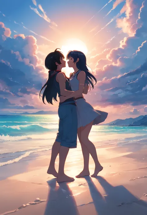 Cloud and Tifa kissing on the beach, UHD, masterpiece, ccurate, anatomically correct, high quality, high details, super detail, textured skin, best quality, highres, 8k