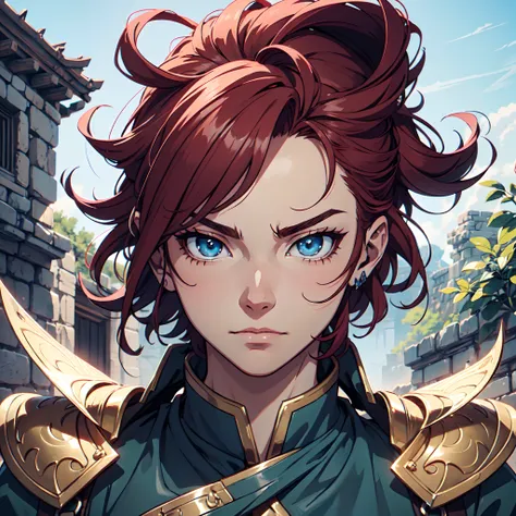 Ultra High Definition, Ultra High Quality, Extremely Detailed, Perfectly Detailed, Masterpiece, 8k, 1 Boy, Look A Like Xin From Kingdom Anime, Handsome, Equipped With Royal Knight Armor, Solid Light Blue Eyes, Long Red Hair, Body Shot, Ancient Kingdom Back...