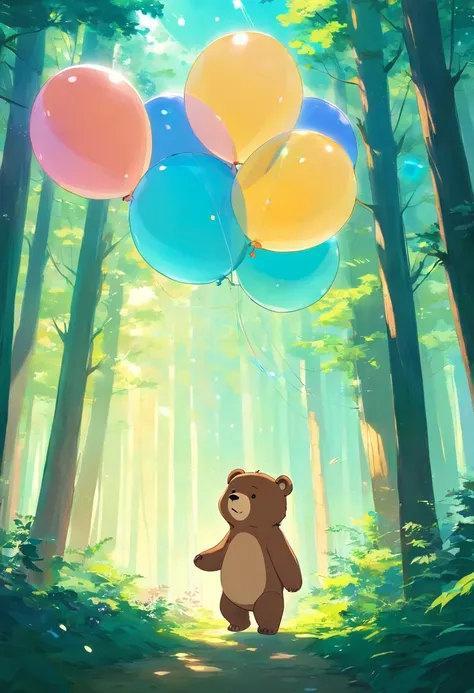 Cute bear, ln the forest，Illuminated by soft, Dreamy volumetric lighting. Surreal but non-threatening and beautiful. Many balloons, cheerfulness, cheerfulness, perfectquality, Clear focus