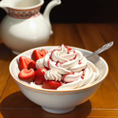 bowl of strawberrys and cream (masterpiece:1.2) (photorealistic:1.2)  (best quality) (detailed skin:1.3) (intricate details) (8k) (HDR) (cinematic lighting) (sharp focus)