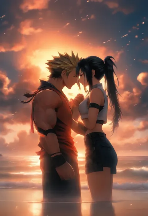 Cloud und Tifa  am Strand  aus Final Fantasy 7 Remake, kissing on the beach, UHD, masterpiece, ccurate, anatomically correct, high quality, high details, super detail, textured skin, best quality, highres, 8k