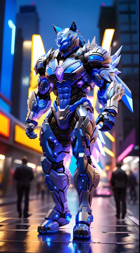 BLUE TIGER MAN, CRYSTAL ARMOR, TRANSPARANT, MUSCLE CURVY BODY.