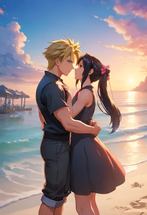 Cloud  Strife und Tifa  Lockheart am Strand  aus Final Fantasy 7 Remake, kissing on the beach, UHD, masterpiece, ccurate, anatomically correct, high quality, high details, super detail, textured skin, best quality, highres, 8k