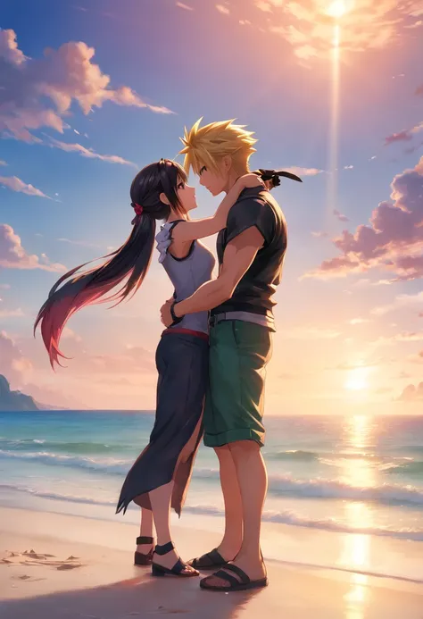 Cloud  Strife und Tifa  Lockheart am Strand  aus Final Fantasy 7 Remake, kissing on the beach, UHD, masterpiece, ccurate, anatomically correct, high quality, high details, super detail, textured skin, best quality, highres, 8k