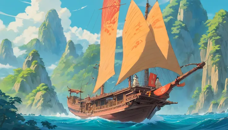 Ancient China Small Sailing Ship，A canvas